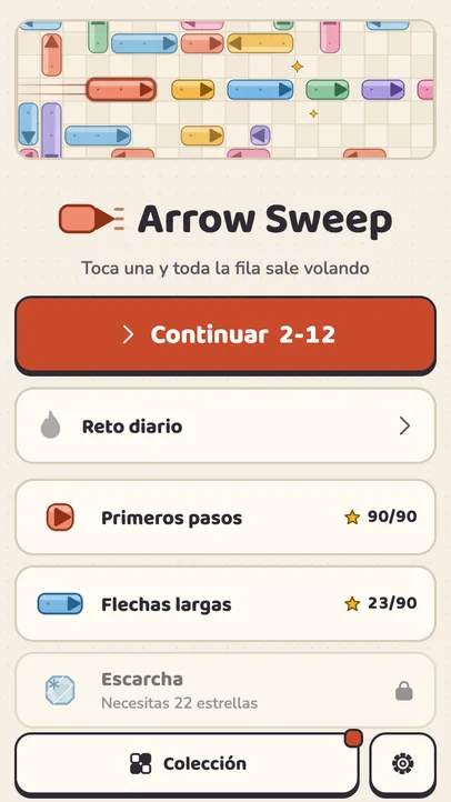 La pantalla de inicio de Arrow Sweep