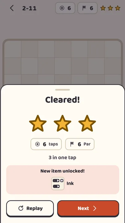 The result screen after clearing a board with three stars